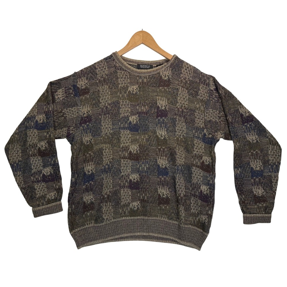 Vtg SEGRETO Sweater Sz M 90s Geometric Abstract Knit Crewneck Retro Mens Grandpa